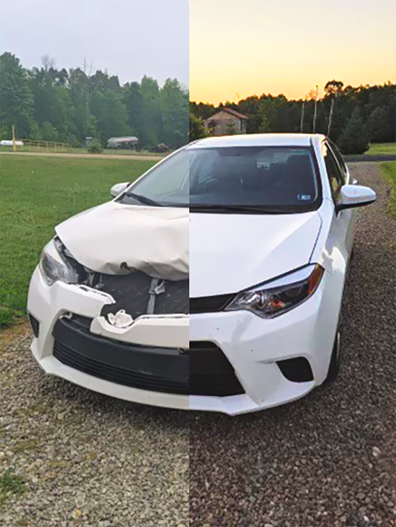 A cross section displaying excellent car repair work done on a Toyota Corolla by Eldred Collision in Edinboro PA.