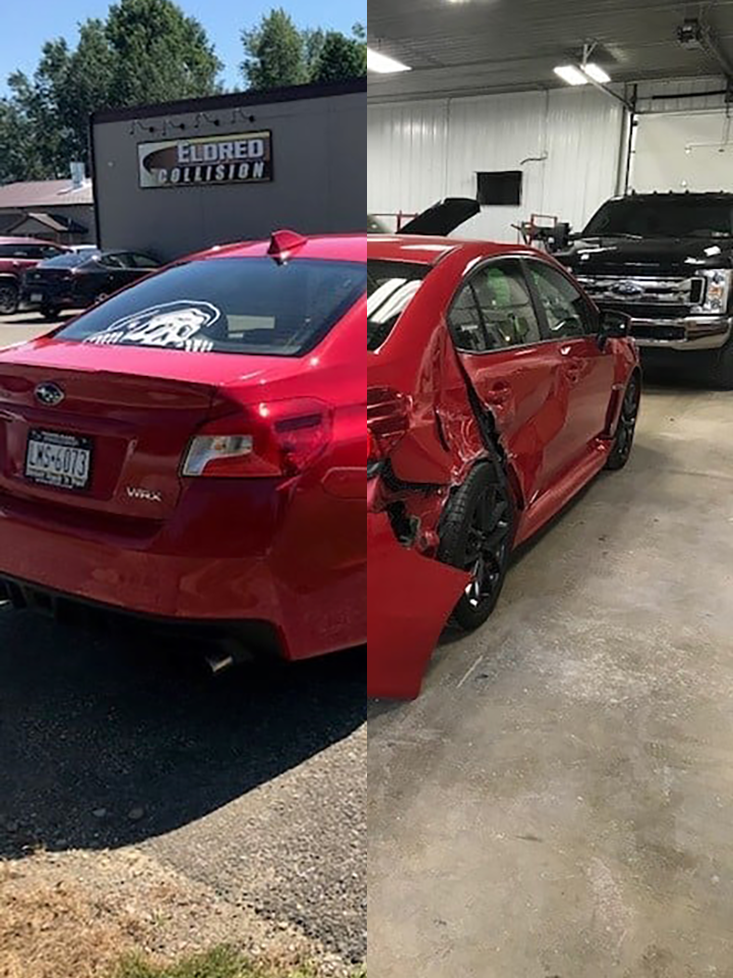 A cross section of a successful repair on a red Subaru WRX done at Eldred Collision in Edinboro PA.